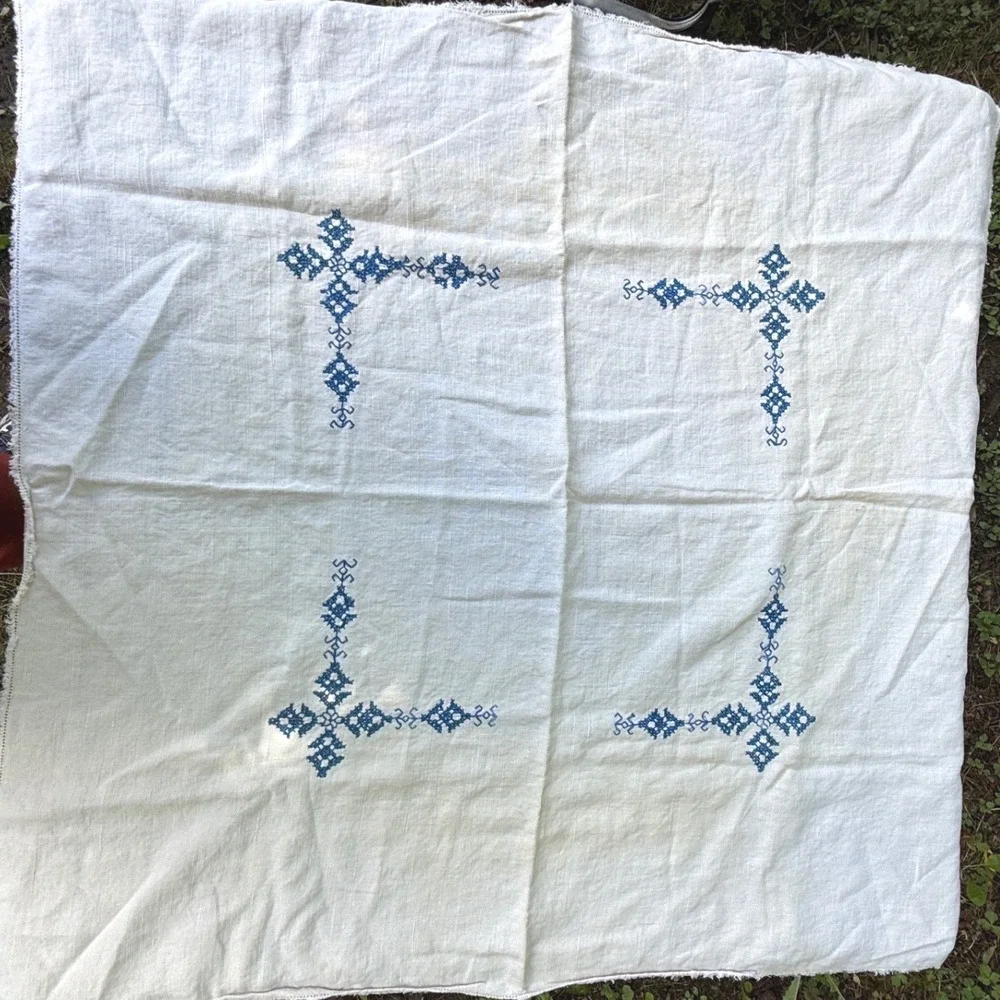 Vintage Hand Embroidered Blue Cross Linen Tablecloth Square White 31x31